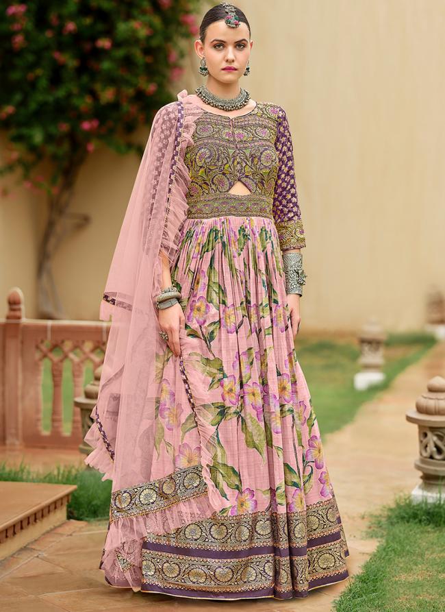 Silk Baby Pink Ceremonial Wear Foil Print Readymade Gown With Dupatta